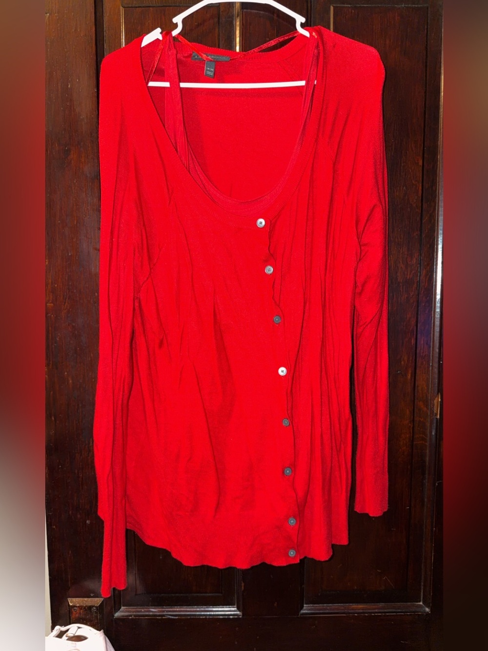 Lane Bryant Red Long Sleeve Button-Accent Scoop Neck Top